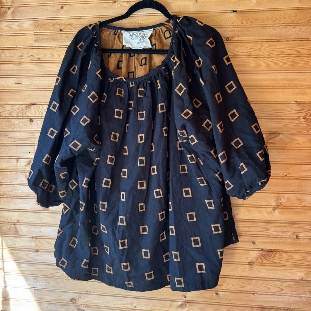 Ace & Jig Blouse Black Caramel Squares Organic Cotton 4X Blouson Fair Trade